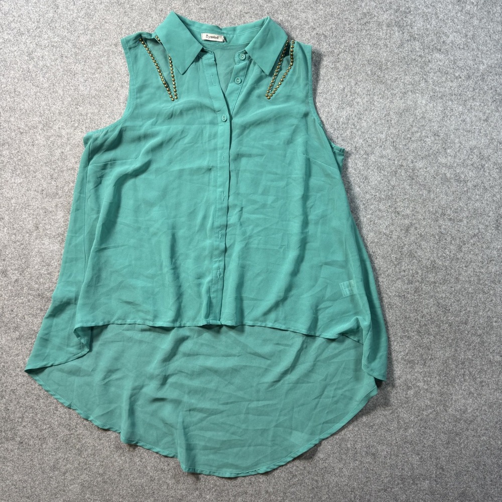 B_envied Women Sleeveless High Low Blouse Small Teal Green Studded Shoulder